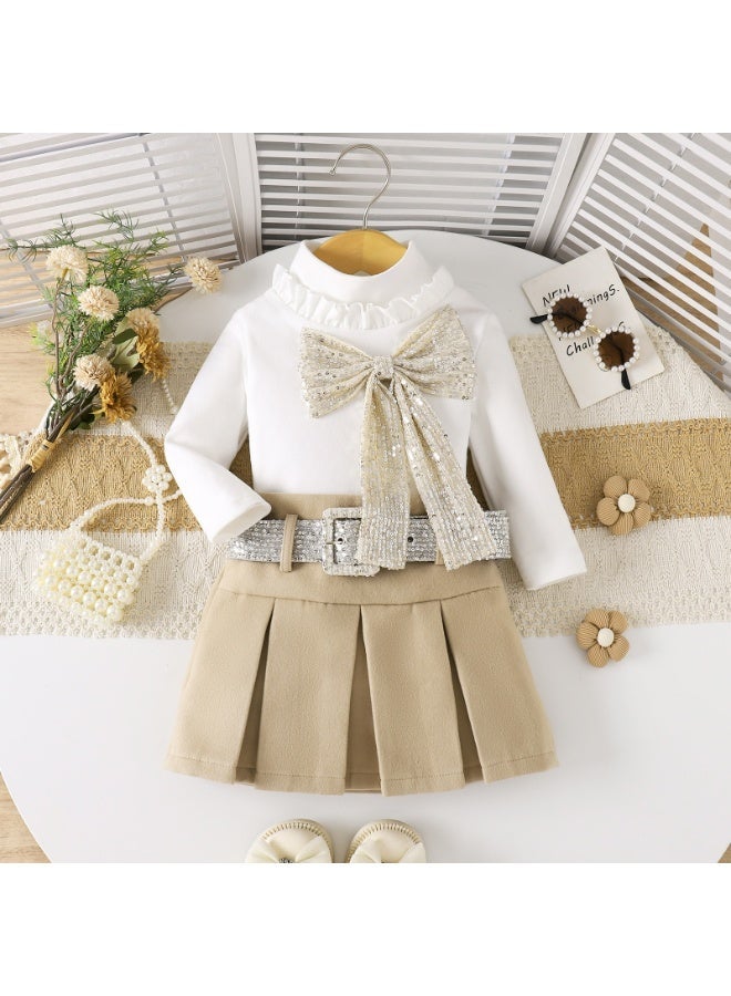 Smarties AE Girls Two Piece Set, Long Sleeve Bow Turtleneck Top with Pleated Skirt, White and Beige, Children's Boutique Clothing - Image 2